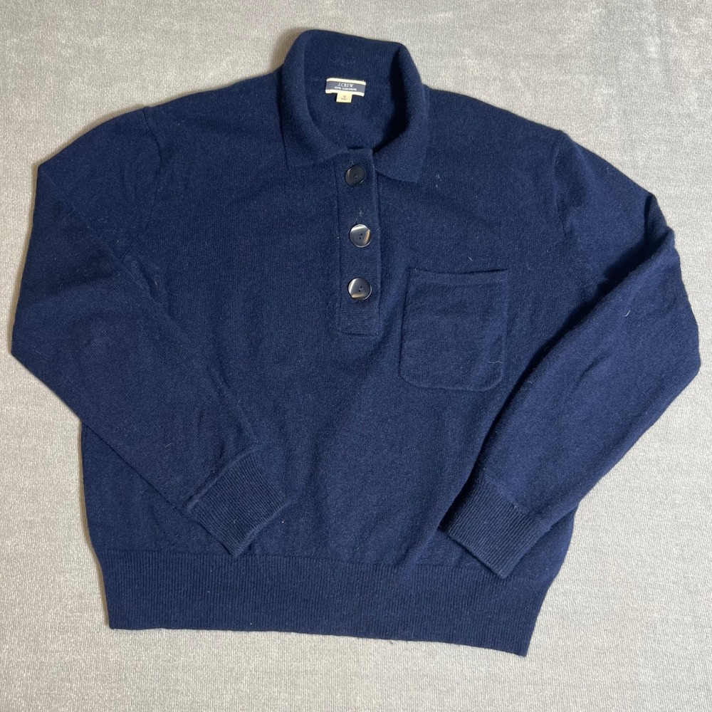 J.Crew Women Navy Blue 100% Cashmere Polo Sweater Button Neck Pocket Small